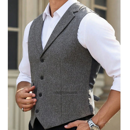 Men Vest Gray Herringbone Single Button With Lapel Waistcoat For Wedding Banquet Business Office Work Daily Casual Men Suit Vest