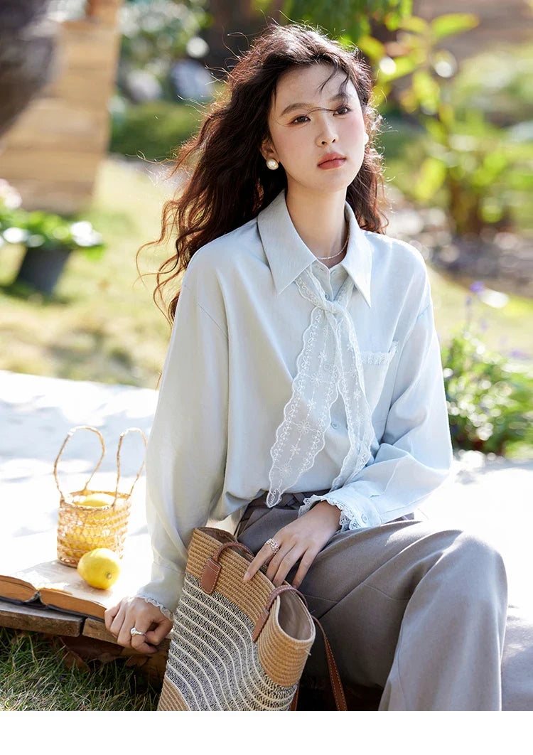French Spring Blouses Women 2025 New Long Sleeve Turn-down Collar Loose Shirts Female Fashion Lace Casual Tops MXE16C0760