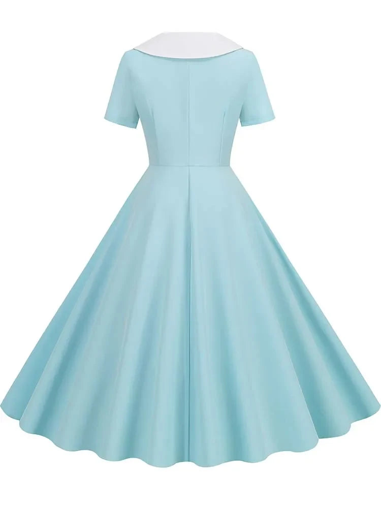 Summer Midi Dress Women Elegant Pink Vintage Party Sundress Casual Peter pan Collar Short Sleeve Dress