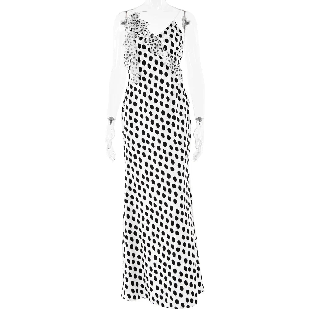 Sexy Backless  Print Dots Flower Women Maxi Dress Spaghetti Strap Evening Dress Autumn Skinny Elegant Party Clubwear