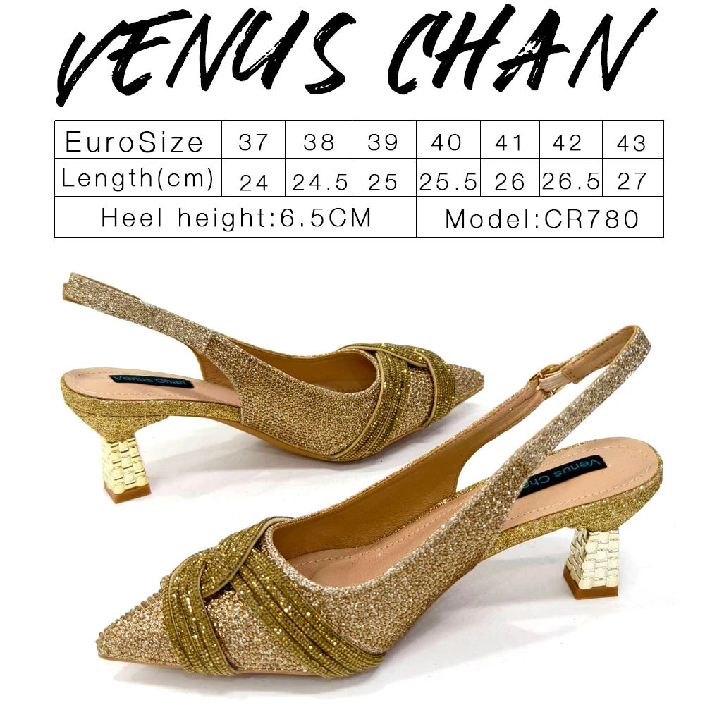 Nigerian Heel Party for Women Shoes and Bag Set Champagne Colour Rhinestone Handbag Italian Design Wedding INS 2024