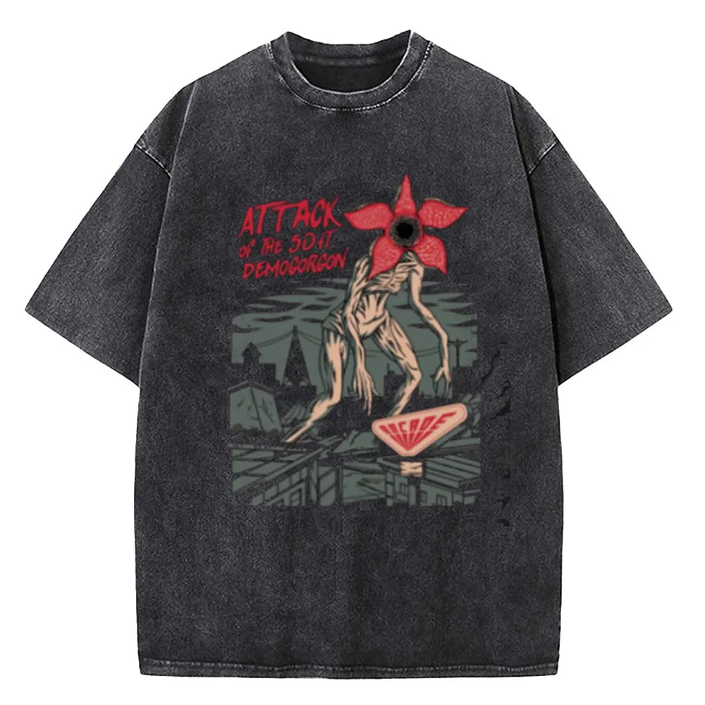 Demogorgon Hawkins Vintage Washed T Shirt Women Men Anime Cotton T Shirt Summer Harajuku Street Tops Clothing