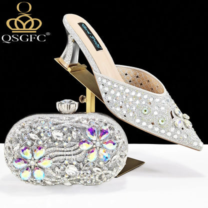 Nigerian Design Comfortable Women's Shoes with Diamond Oval Bag Women's High Heels for Party or Work