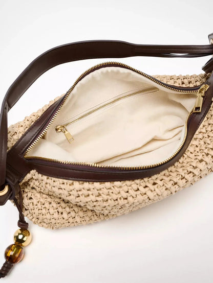 Casual Hobos Straw Bag Designer Woven Women Shoulder Bags Vintage Bead Deco Handbags Handmade Summer Beach Bag Small Tote Purses