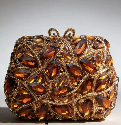 Women Elegant Brown Rhinestone Evening Bag Colorful Crystal Shoulder Clutch Fashion Bridal Handbag Wedding Party Purses