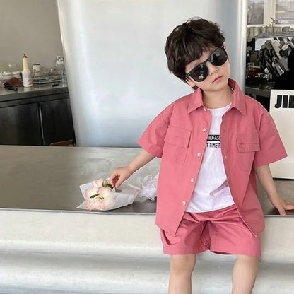 Summer Baby Boys Cotton Stylish Plain Pink Short Sleeve Shirt Top+Shorts Pant Set Kids 2PCS Suit Children Vacation Outfit 1-8Yr
