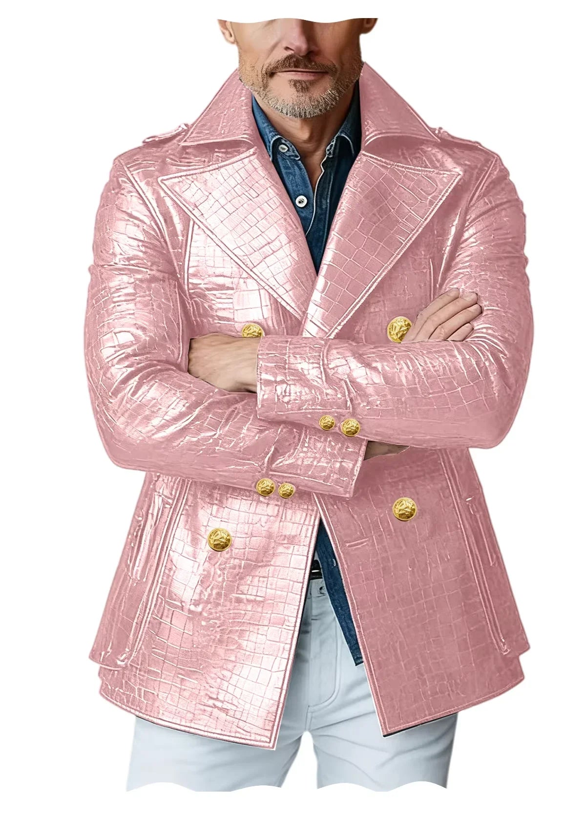 Men's Crocodile Embossed Leather Peacoat Double Breasted Gold Button Jacket Luxury Casual Overcoat