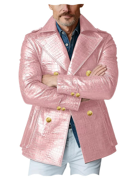 Men's Crocodile Embossed Leather Peacoat Double Breasted Gold Button Jacket Luxury Casual Overcoat
