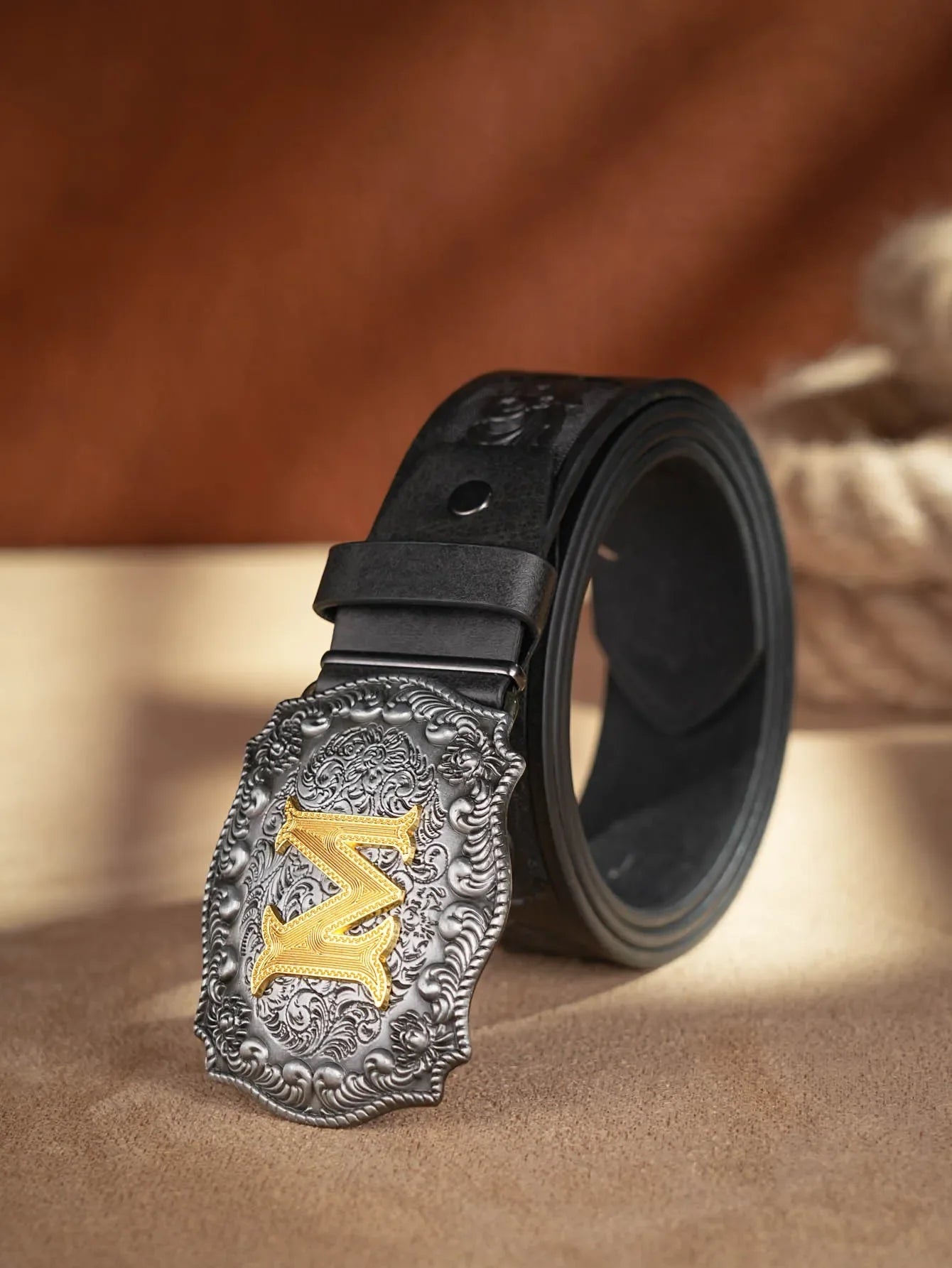 Western Cowboy PU Leather Belt - Men Waist Strap Bull Decoration Floral Engraved for Jeans