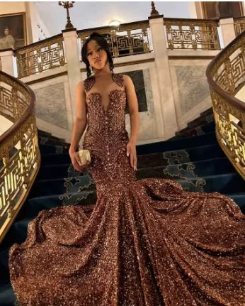 Elegant Gold Diamonds Long Prom Dress Luxury Beads Crystals Sequins Mermaid Birthday Wedding Party Gown Customized
