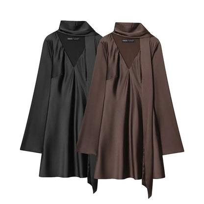 Women Fashion Satin Elegant Short Dress Summer Autumn New Long Sleeve Scarf V neck Mini Dress Female Elegant Party Dresses
