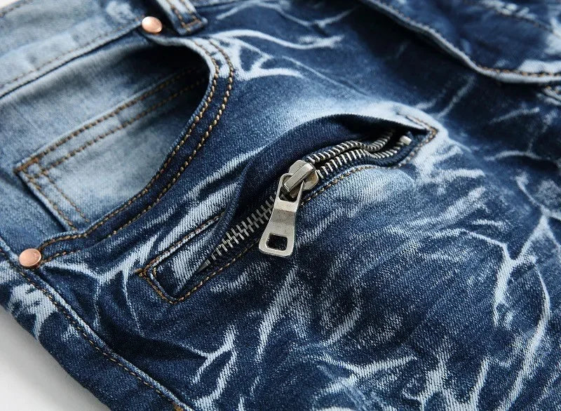 Zipper Pocket Retro Nostalgic Jeans Men's New Style High Street Motorcycle Fashion Stretch Slim Straight Denim Trousers Male