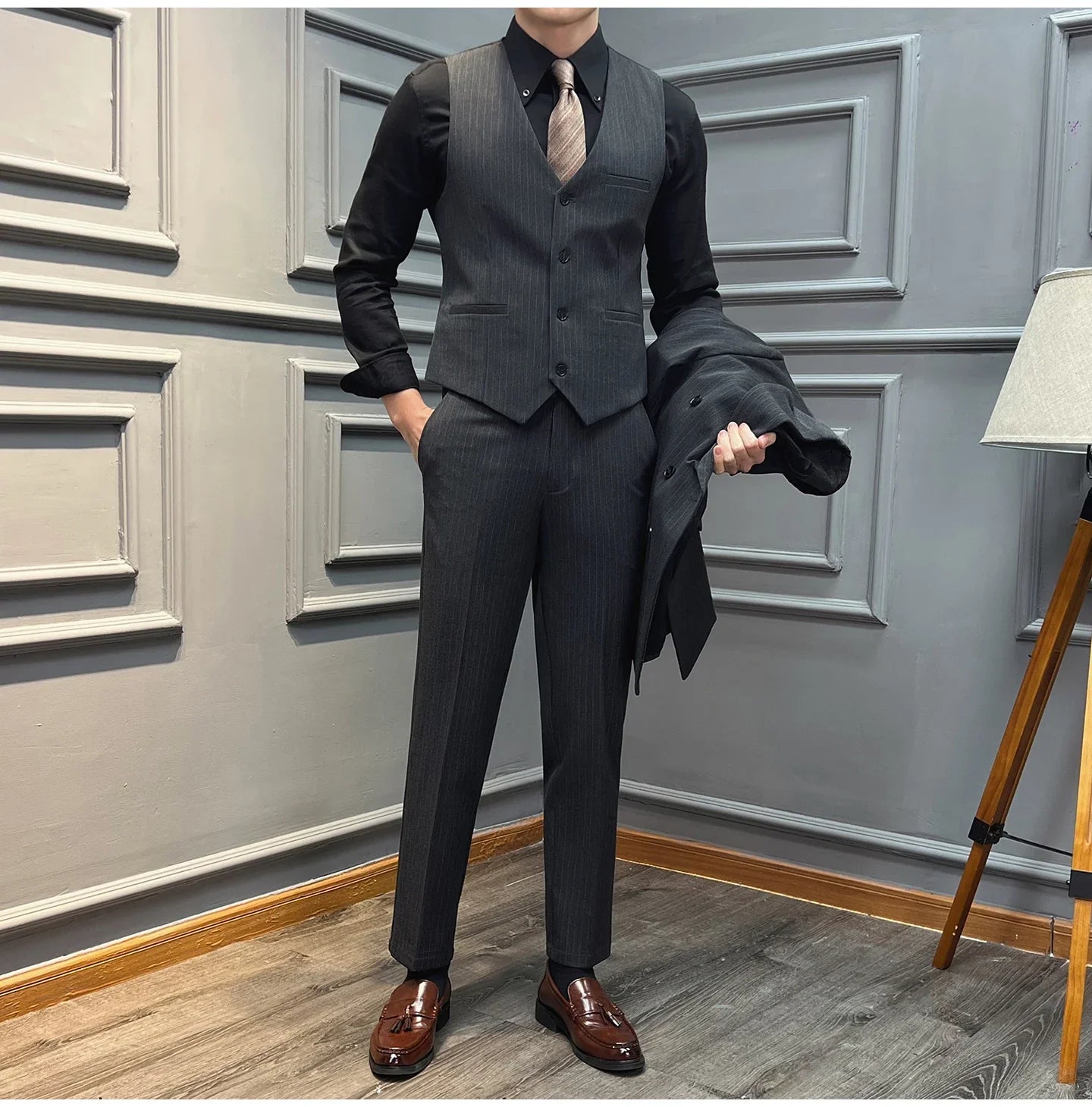 5XL-M( Vest + Pants) High-end Brand stripe Suit Vest 2 pieces Men Luxury Fashion Groom Wedding Vest Set Male Club Party Clothing