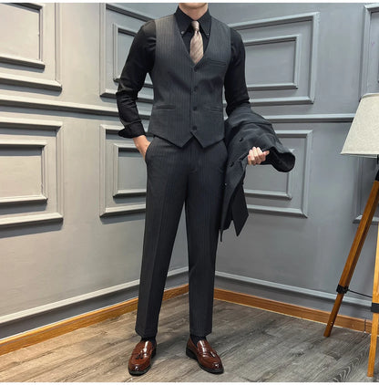 5XL-M( Vest + Pants) High-end Brand stripe Suit Vest 2 pieces Men Luxury Fashion Groom Wedding Vest Set Male Club Party Clothing