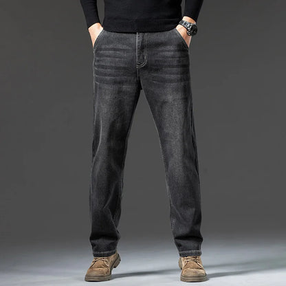 Men's loose straight leg jeans retro washed elastic casual pants suitable for all seasons versatile pants