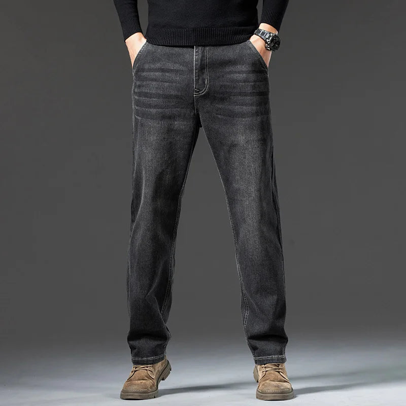 Men's loose straight leg jeans retro washed elastic casual pants suitable for all seasons versatile pants