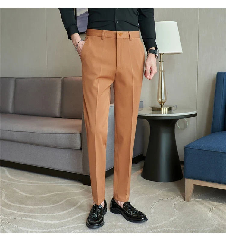 Autumn Mens Fashion Embroidered Trousers Korean Business Dress Solid Suit Pant Formal Office Social Slim Fit Casual Suit Pants