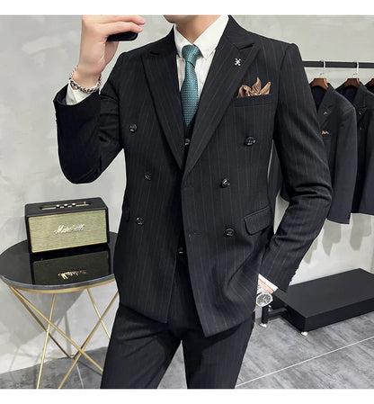 2025 High-quality Korean Version Slim-fit Business (Suit + Vest + Trousers) Striped Double-breasted Suit Three-piece Set
