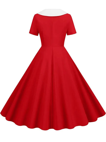 Summer Midi Dress Women Elegant Pink Vintage Party Sundress Casual Peter pan Collar Short Sleeve Dress