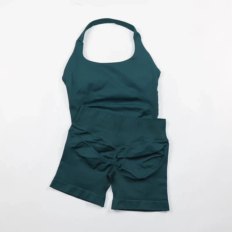 Seamless Yoga Set Womens Backless Halter Tank Top Ribbed Waist Gym Shorts 2 Piece Sets Women Outfit Workout Clothes