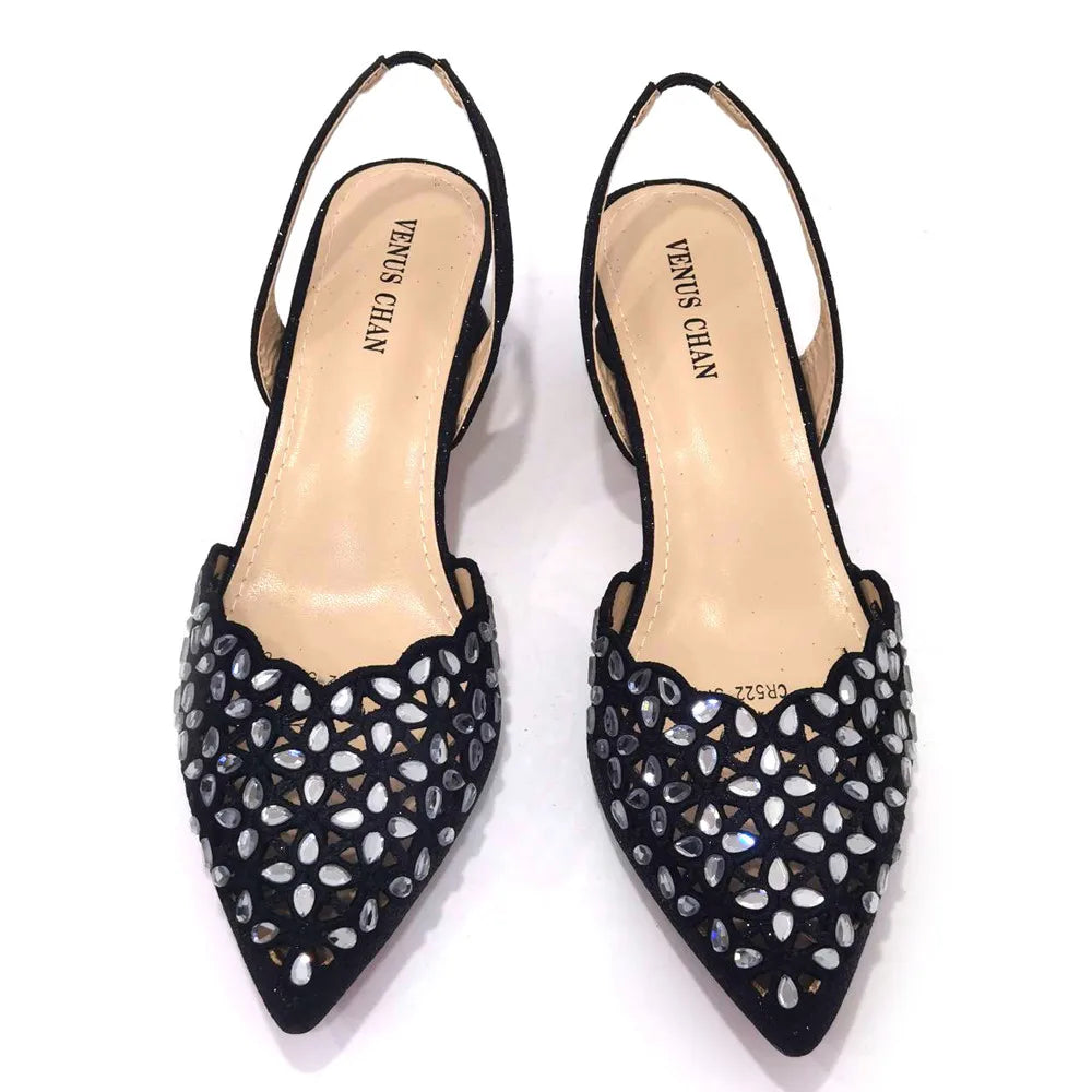Low Heel Shoes for Women Hollowed Out Embroidery Rhinestone Italian Design Gold Color Pointed-Toe Shoes and Bags Set
