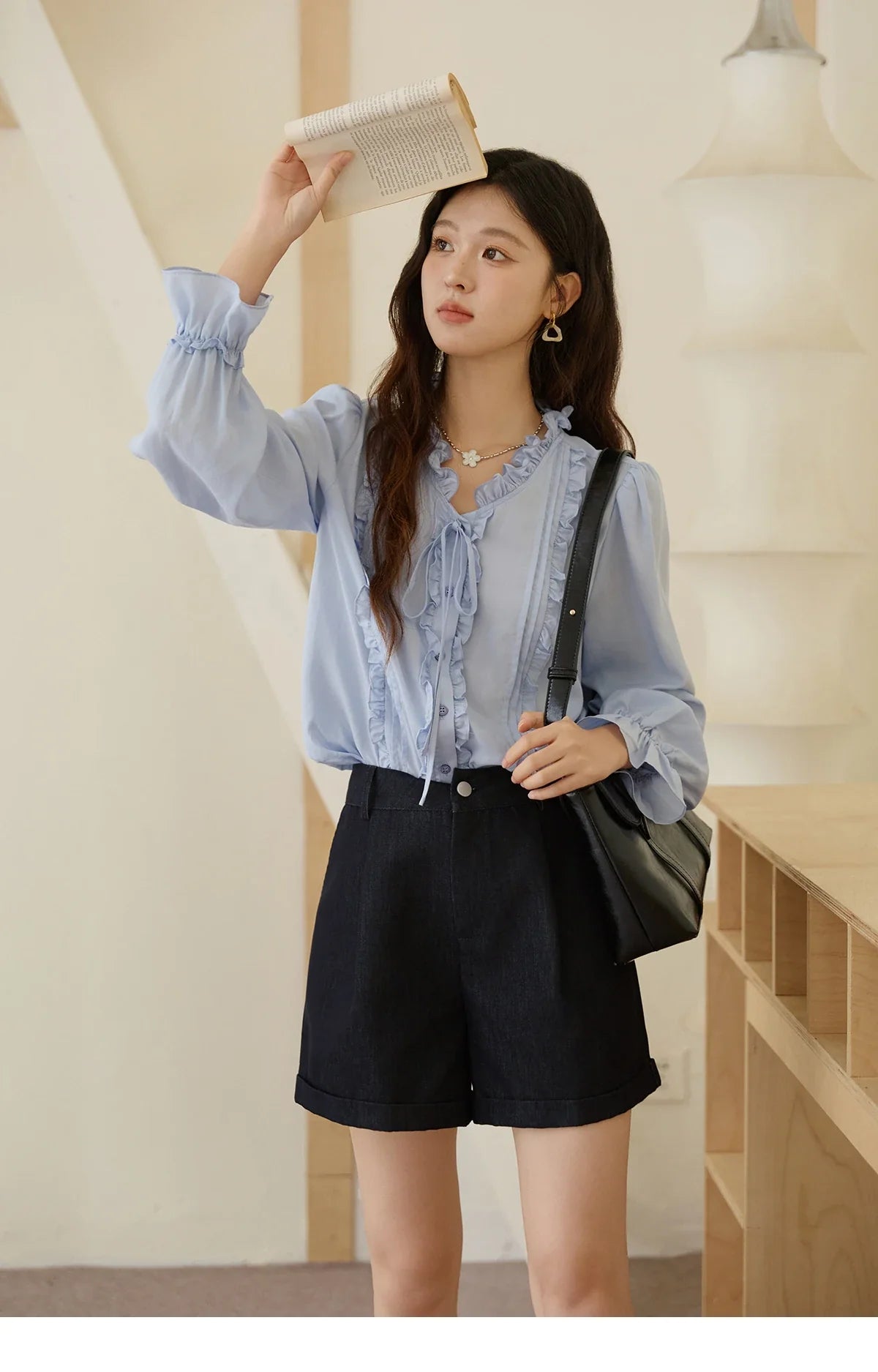 100% Lyocell Women's Blue Shirt 2025 Autumn French Ruffles Long Sleeves Ties Blouse Office Lady Elegant Top MXE45X2484