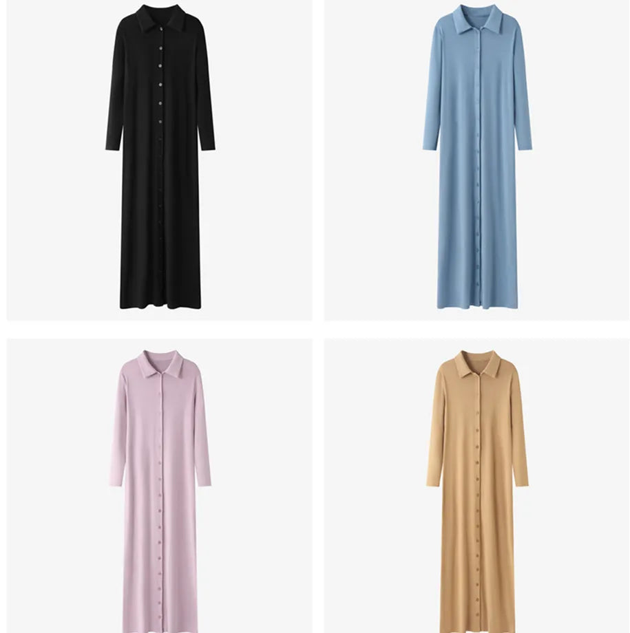 AS 2024 maxi dress button design woman clothes full sleeve Ankle Length comfortable ribbing clothing  ( Ship out in 1 day)