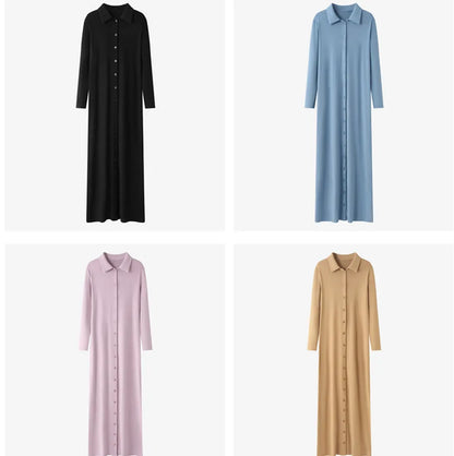 AS 2024 maxi dress button design woman clothes full sleeve Ankle Length comfortable ribbing clothing  ( Ship out in 1 day)