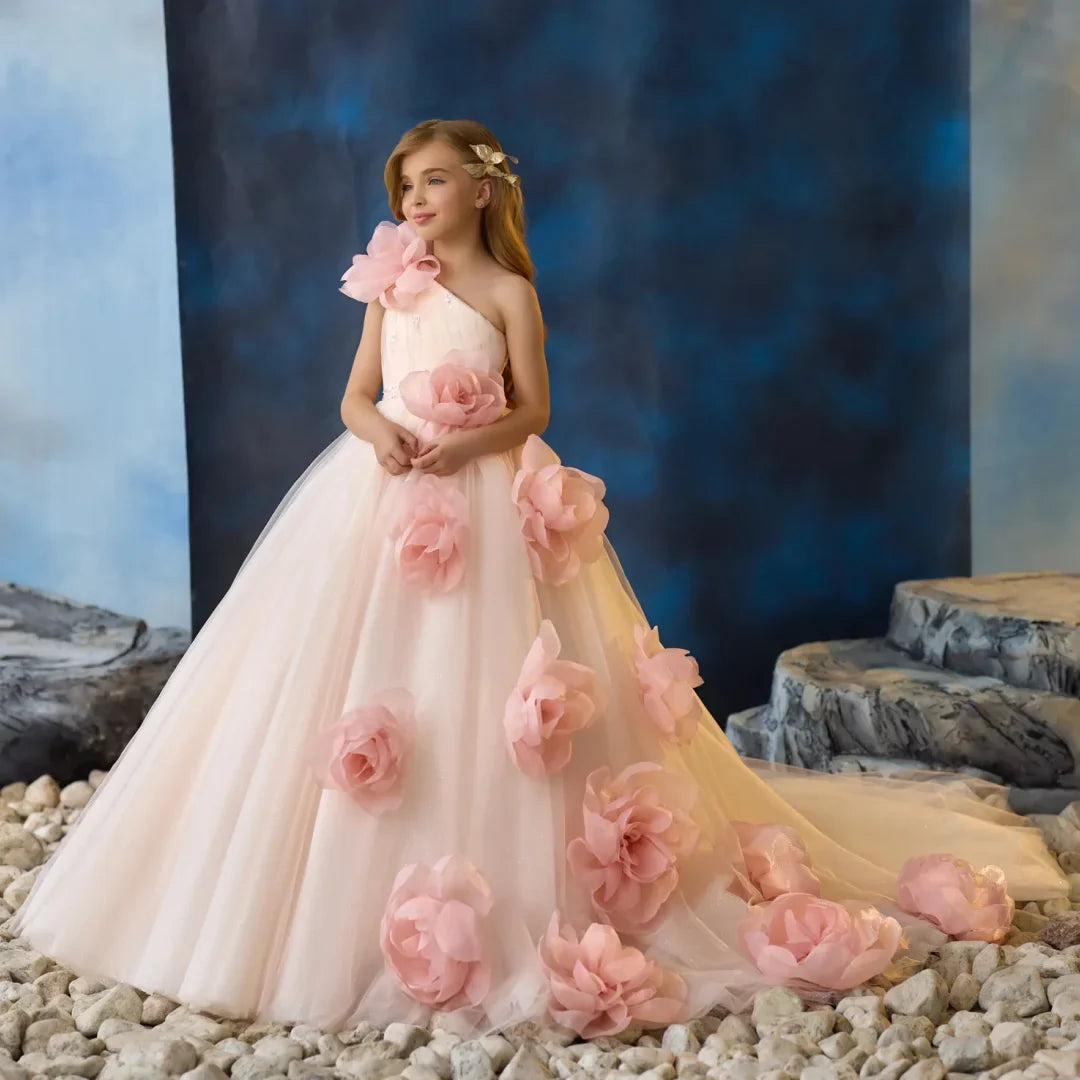 Customized Flower Girl Dress Pink Tulle Flowers Single Shoulder For Wedding Birthday Party Holy Communion Banquet Princess Gown