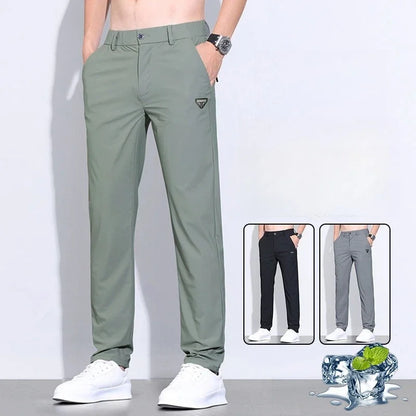 Korean Street Summer Y2K Men's Ice Silk Casual Pants All Match Elastic Sweatpants Office Business Fashion Straight Suit Trousers