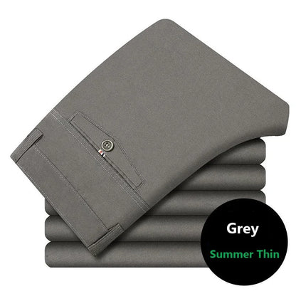 Men's Spring Autumn 100% Cotton Middle-aged Business Trousers Straight Slacks High Waist Dad's Thin Thick Casual Male Suit Pants