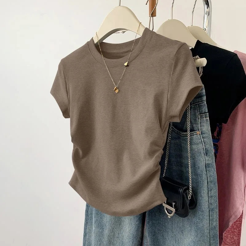 Summer Slim Fit Top for Women Casual Threaded Waist Cinched U-Shaped Hem Short Sleeve Irregular Hemline Women's Clothing