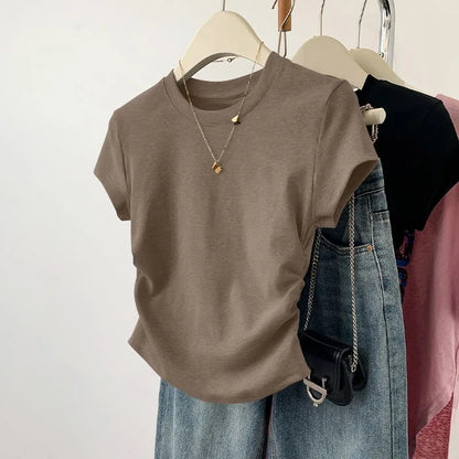 Summer Slim Fit Top for Women Casual Threaded Waist Cinched U-Shaped Hem Short Sleeve Irregular Hemline Women's Clothing