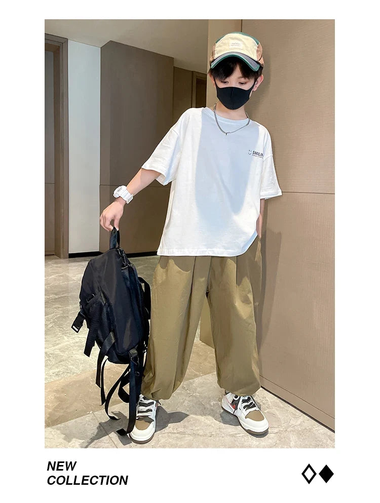 Teens Children's Summer Sets for Boys Clothing Cotton Set 2025 New Fashion Kids Loose Handsome T-shirt+ Lantern Pants Set Outfit
