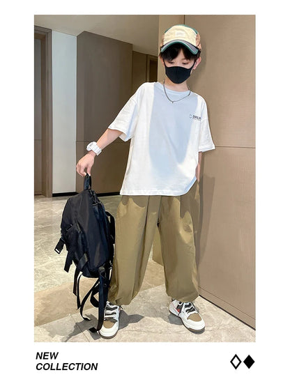 Teens Children's Summer Sets for Boys Clothing Cotton Set 2025 New Fashion Kids Loose Handsome T-shirt+ Lantern Pants Set Outfit