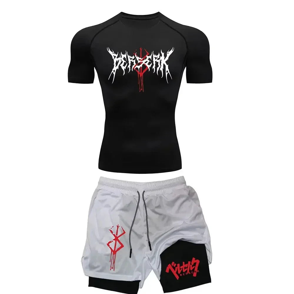 Anime Berserk Compression Set Men's Workout Gym Tshirts Breathable Running Shorts Quick Dry Sports Rash Guard Sportwear Set