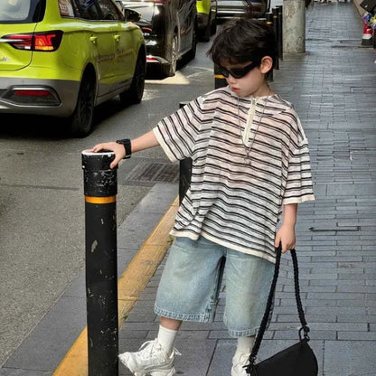 2025 Summer New Boys' Korean Casual Hooded Short Sleeve T-Shirt Loose Trendy Kids' Sportswear Outfit