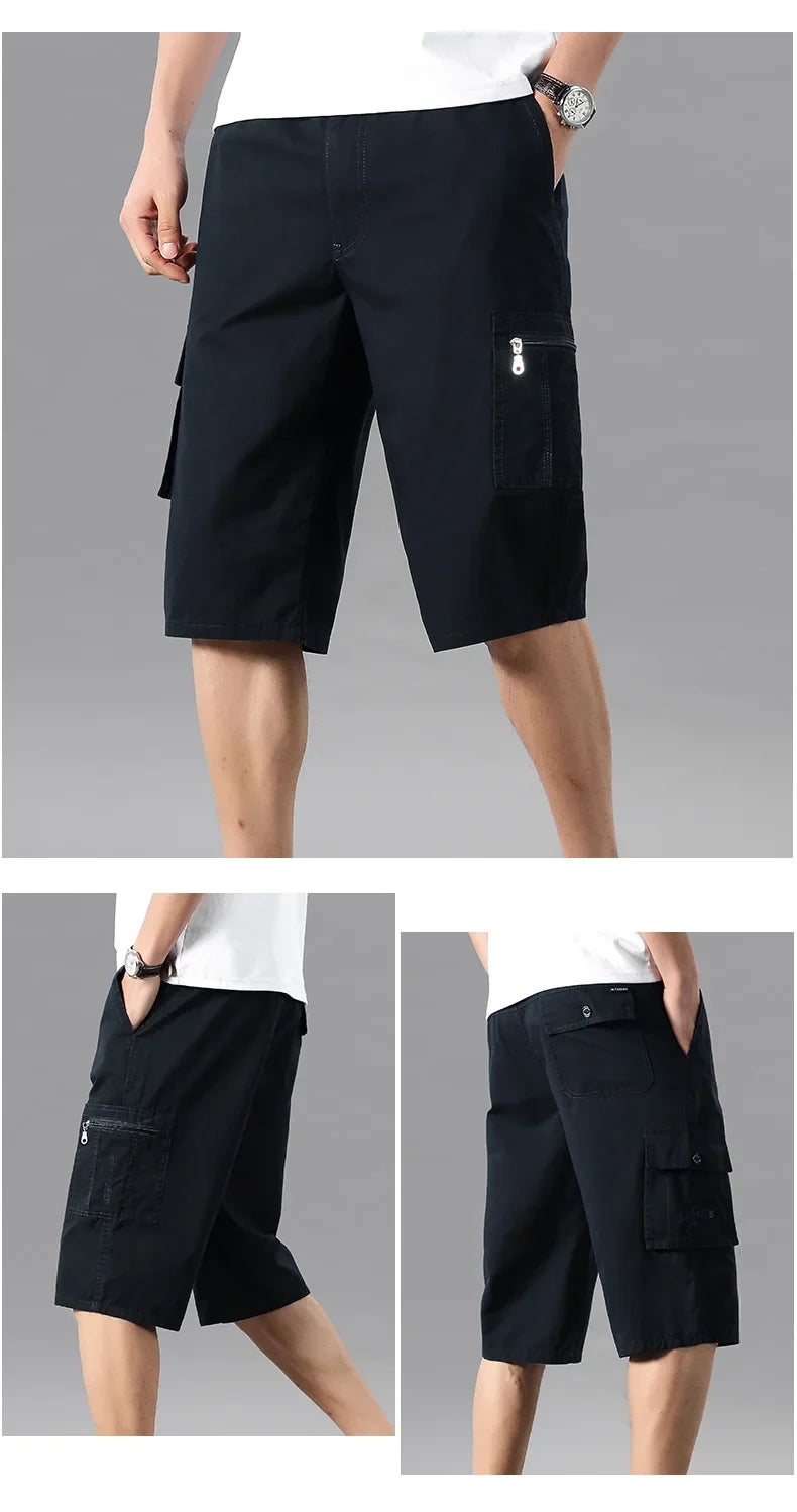 Men's Knee Length Casual Shorts Zipper Pocket Fashion Loose Straight Cotton Comfortable Beach Running Short Pants
