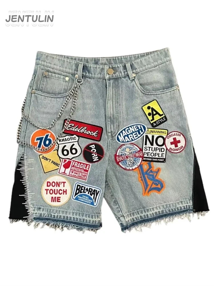 Retro Blue Streetwear Patchwork Denim Short Y2K Jeans Men Women Hip Hop Cartoon Graphics Loose Metal Denim Fitness Casual Shorts