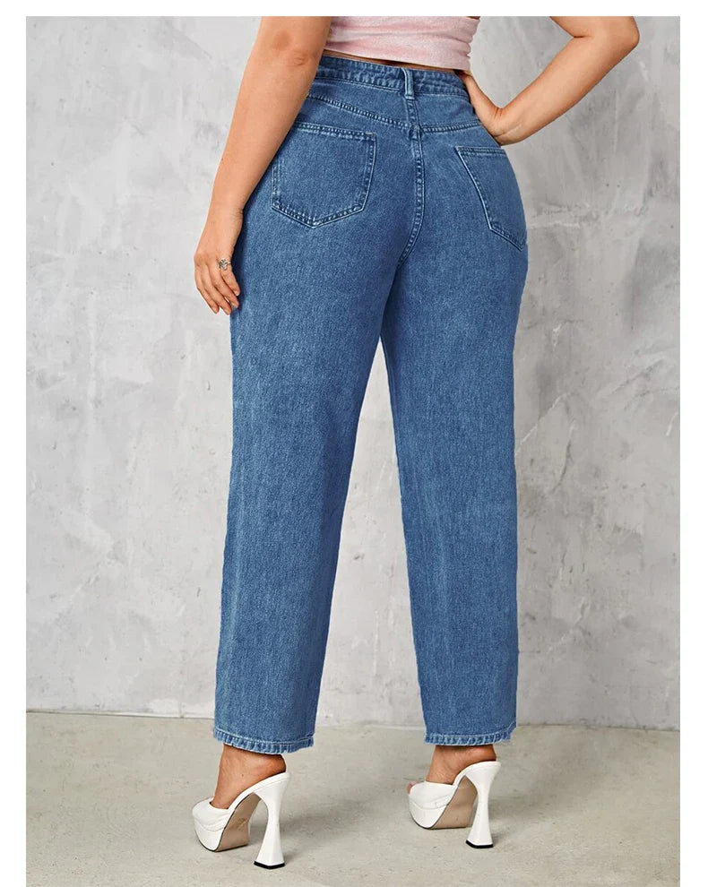 Plus Size Women Jeans Autumn Dark Blue 175cm Tall Stretchy and Loose Washing Straight 6XL 100Kgs Curve Lady Thin Lady Denim Pant
