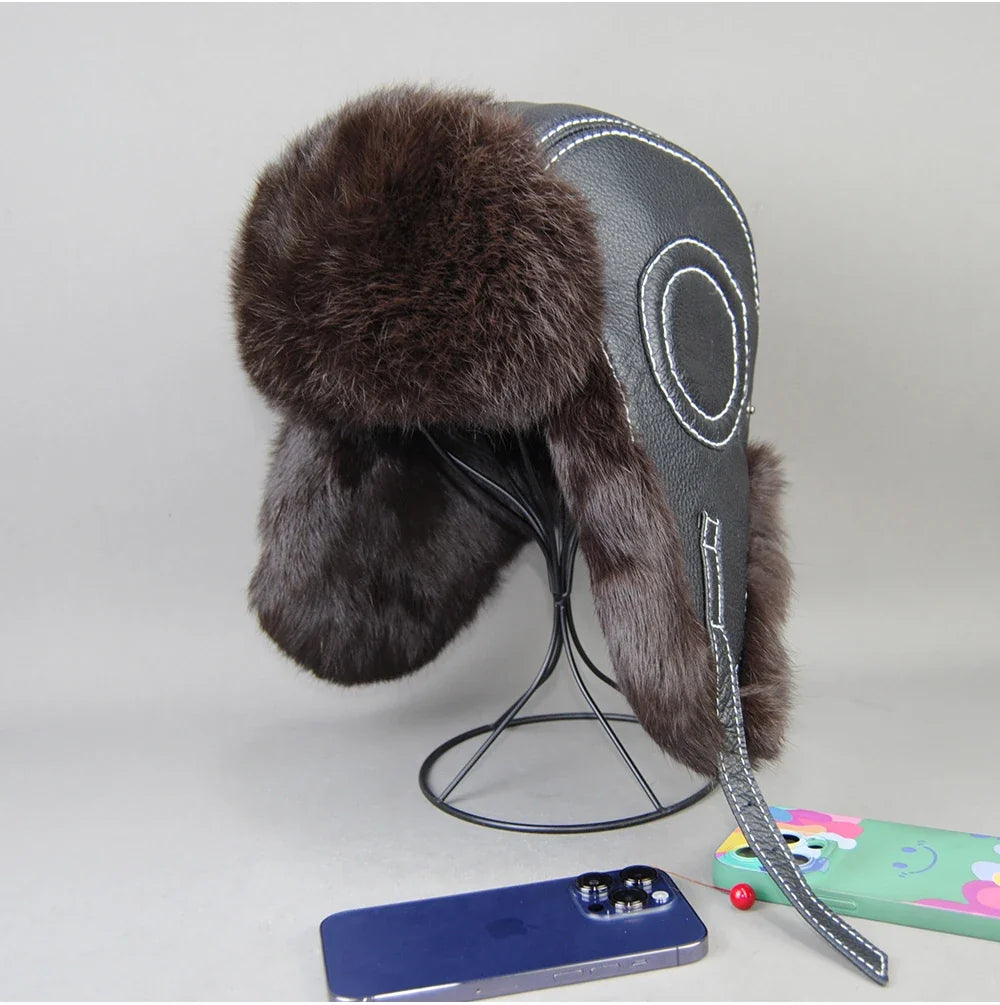 2026 Fashion Men's 100% Natural Rabbit Fur Bomber Hats Winter Russian Man Warm Real Sheepskin Leather Hat Male Real Fur Caps