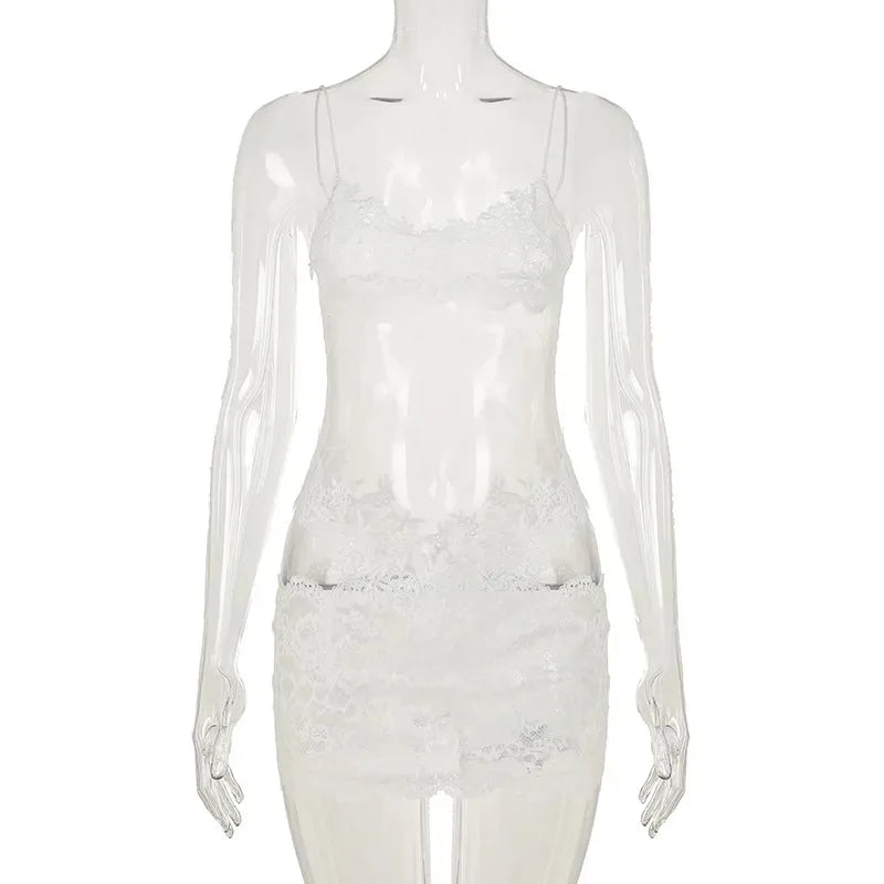 Lace Transparent Mini Dress Sexy Women Wrapping Spaghetti Embroidery Flower Sheath Nightwear Club Mesh Wave Fantacy