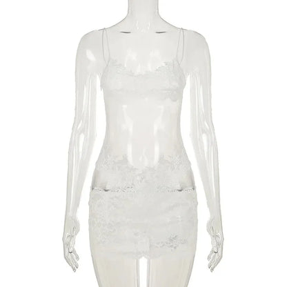 Lace Transparent Mini Dress Sexy Women Wrapping Spaghetti Embroidery Flower Sheath Nightwear Club Mesh Wave Fantacy