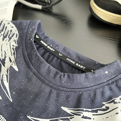 0-5Years New Baby Boy Fashion Cool Summer Clothes Suits Toddler Wings Printed T-shirt+Ripped Jeans 2pcs/sets Children Tracksuits