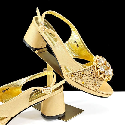 Open Toe Women Heels for 2024 Elegant Party Olive Color Diamond Pumps Italian Shoes and Bags Matching Set