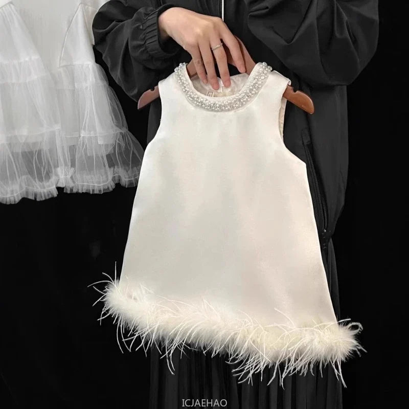 Girls Satin Feather Princess White Dress Clothes Baby Kids Birthday Party Gown Kids Formal Outfit Children Summer Costumes