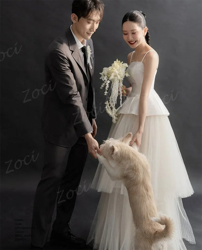 Customized Korea A Line Wedding Dresses Tiered Tulle Lace Up Bride Formal Party Wedding Photography Long Bridal Gown Women