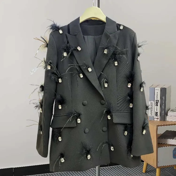 Luxury feather Faux diamond blazer Women 2025 New Double breasted rhinestones jacket High quality Loose Lady suit INKEO 4O089