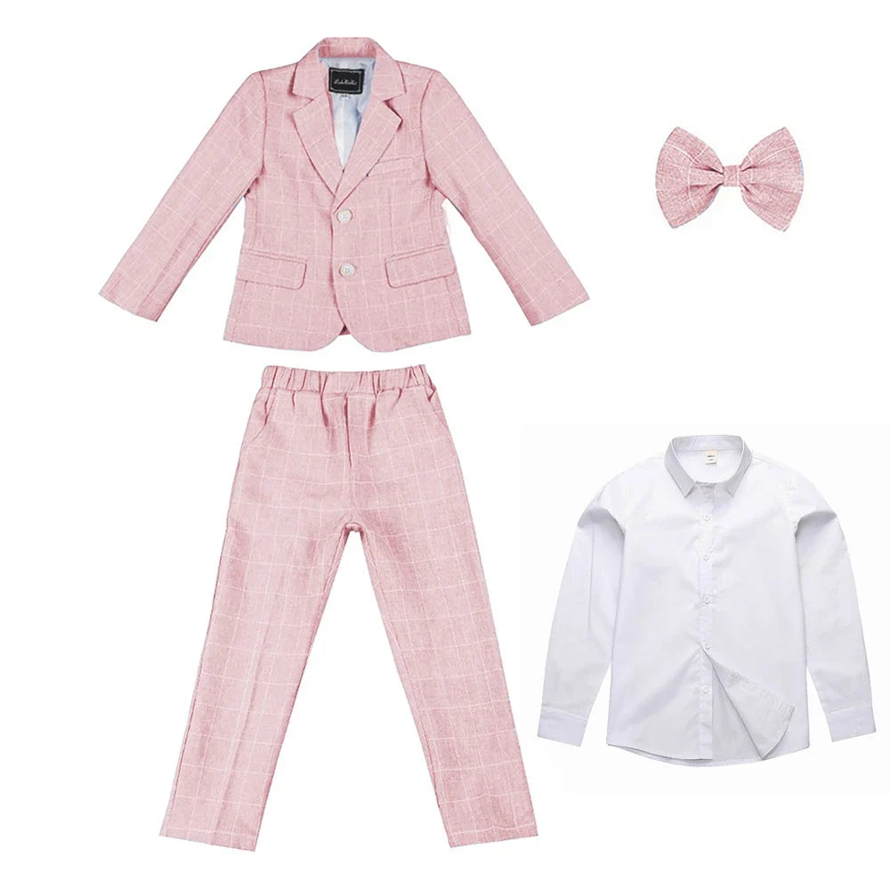 Boys Suit Wedding Ring Bearer Outfit Kids Suit Set Plaid Striped Blazer Suit Pants Bow Tie Pink Suit 2-14Years