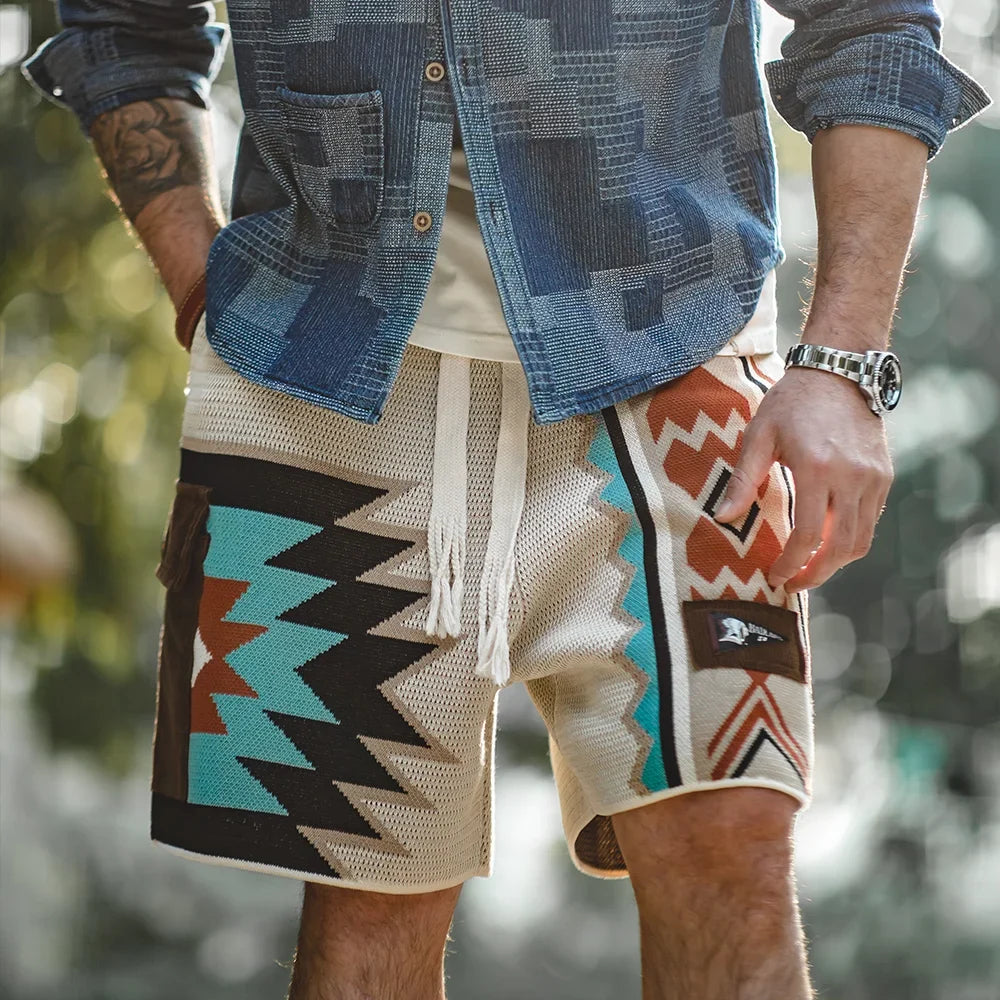 Navajo Totem Knitted Shorts Men's  Elastic Waist Casual Shorts with Corduroy Pocket Summer Beach Breathable Short Pants